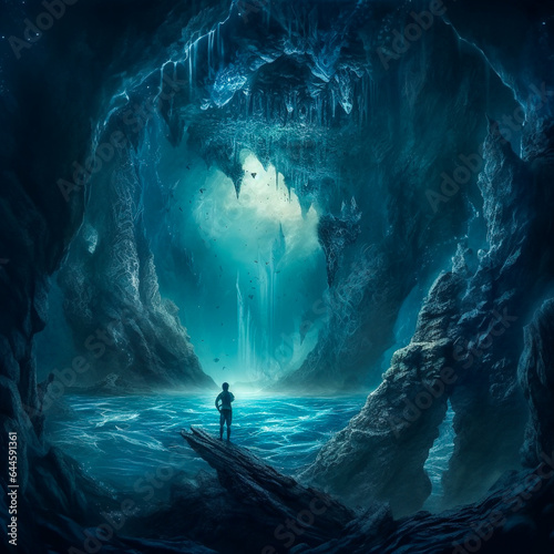 Abandoned cave in deep sea, anxious dark fantasy concept illustration. A man stands in a forsaken cave in deep water or at the end of the sea. Made with Generative AI