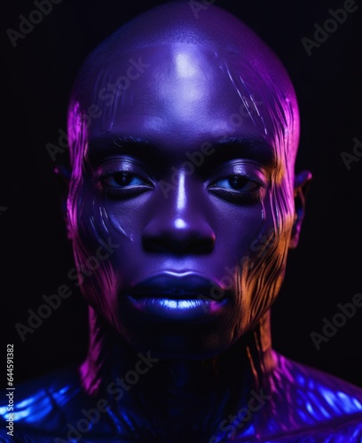 A mysterious and bold portrait of a beautiful person with neon purple skin  smoky violet lips  and a dark yet captivating presence