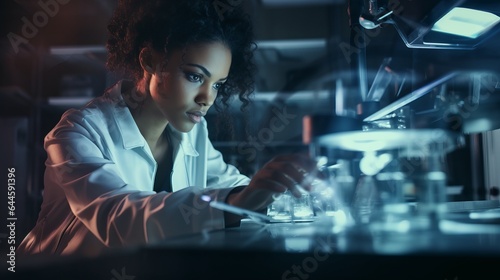Science, Tablet And Black Woman In Laboratory For Experiment, Pharma Innovation