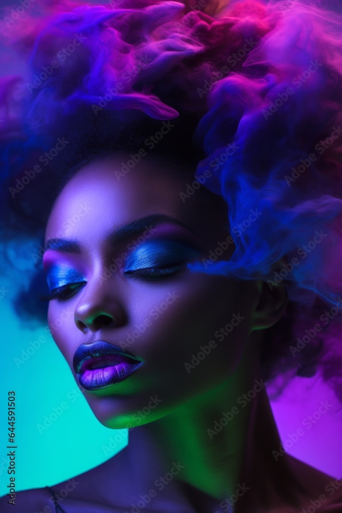 A beautiful woman with bold violet lips and magenta smoke in her hair stands out in a neon portrait, a captivating fashion art piece that celebrates her colorful spirit