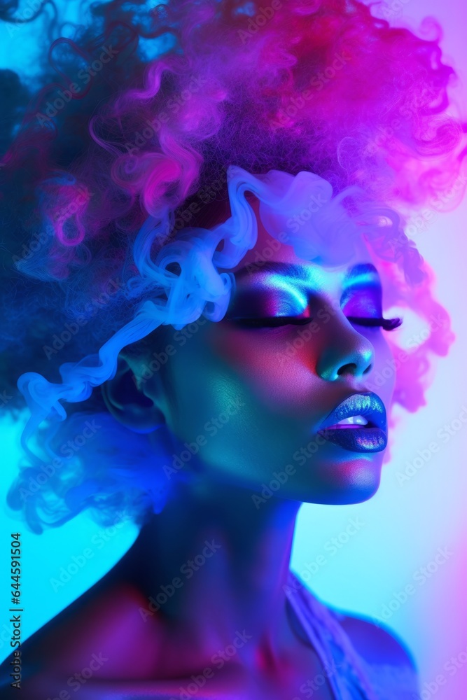 This vibrant portrait of a beautiful woman with bold neon-colored hair and magenta smoke floating around her captures the essence of modern art