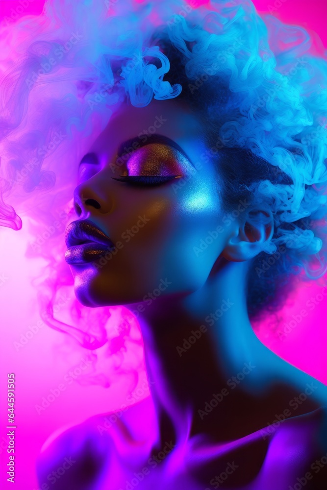 A bold and beautiful portrait of a woman with magenta and violet smoke in her hair radiates with neon color, creating an artistic and captivating expression of her essence