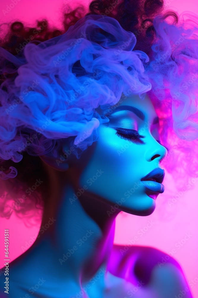 A bold and beautiful woman stands out with her striking magenta, violet, and purple clothing and neon-colored hair, the smoke of her portrait an artistic testament to her fashion sense