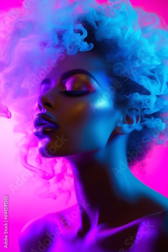 A bold and beautiful portrait of a woman with magenta and violet smoke in her hair radiates with neon color  creating an artistic and captivating expression of her essence