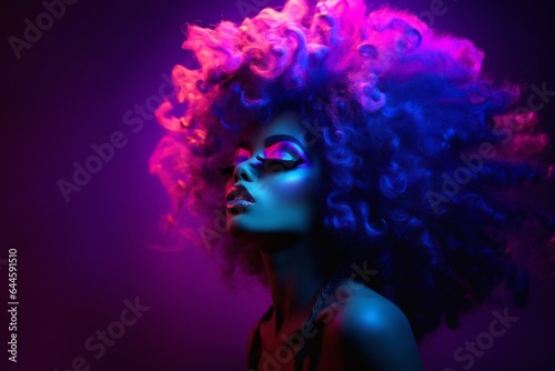 A beautiful woman with bold, curly hair and vibrant colors of magenta, violet, and neon pink and blue, is illuminated in a mysterious and artistic portrait that captivates the viewer with its smoke