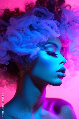 A bold and beautiful woman stands out with her striking magenta, violet, and purple clothing and neon-colored hair, the smoke of her portrait an artistic testament to her fashion sense