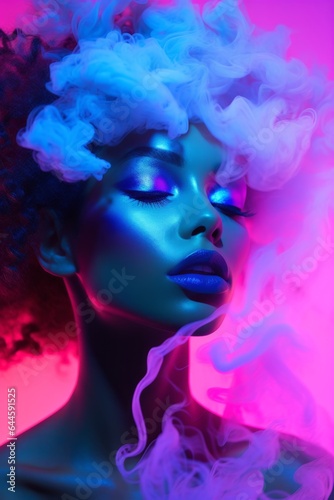 A bold, beautiful portrait of a woman with a wild mix of neon colors and magenta smoke in her hair captures the vibrant essence of art and evokes an intense feeling of freedom © Glittering Humanity