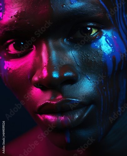 A beautiful, bold portrait of a woman with neon colors smeared across her face and dark eyes that draw the viewer in, sparking a captivating blend of artistry and emotion