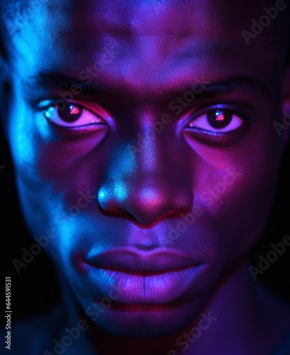 A bold and beautiful portrait of a man with bright neon colors illuminating his skin, eyes, lips, and forehead, framed in a cloud of smoke and mystery