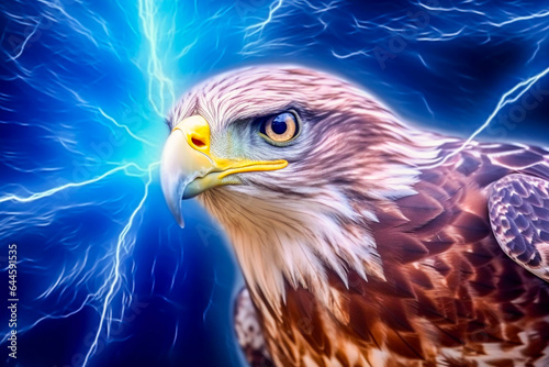 Eagle in the sky, lightning thunder concept illustration. Fierce, ambitious, hunting birds of prey, beautiful wild beasts. Oil paintings with dynamic and abstract expression. Made with Generative AI © Koshiro