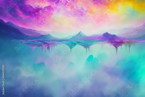Bright and abstract illustration of mountains and trees in pink and blue colors  generative ai