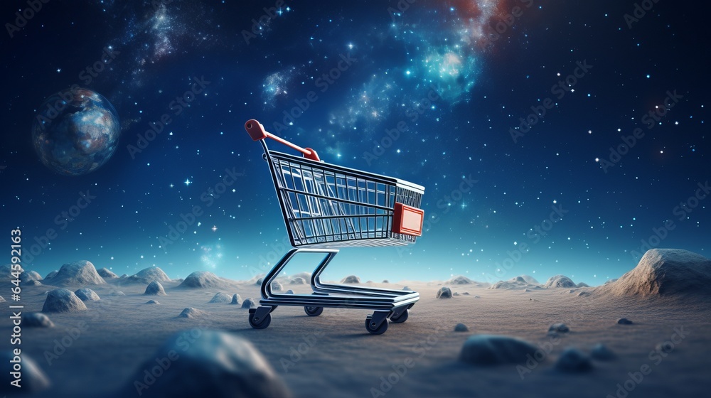 Illustration of a shopping cart on the cosmic space background - obrazy, fototapety, plakaty 