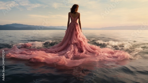Illustration of a woman in a pink dress standing in the water