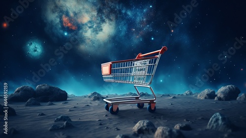 A shopping cart in the middle of a cosmic space