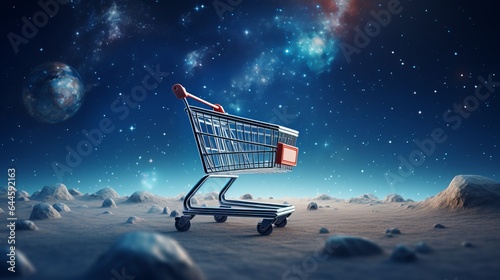 Illustration of a shopping cart on the cosmic space background