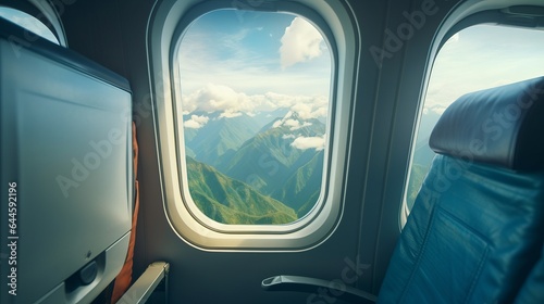 Illustration of the majestic mountains seen through an airplane window