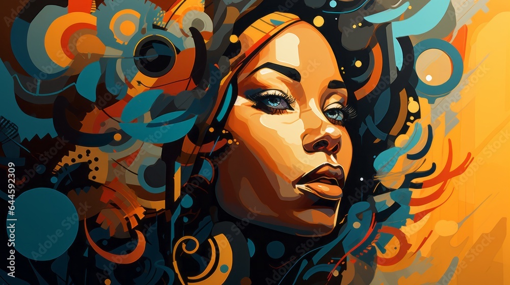 Illustration of a vibrant and abstract portrait of a woman's face with intricate designs Illustration of a vibrant and abstract portrait of a woman's face with intricate designs