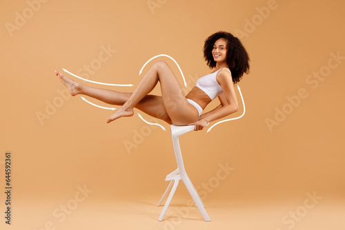 Young black lady in underwear sitting on white chair, collage