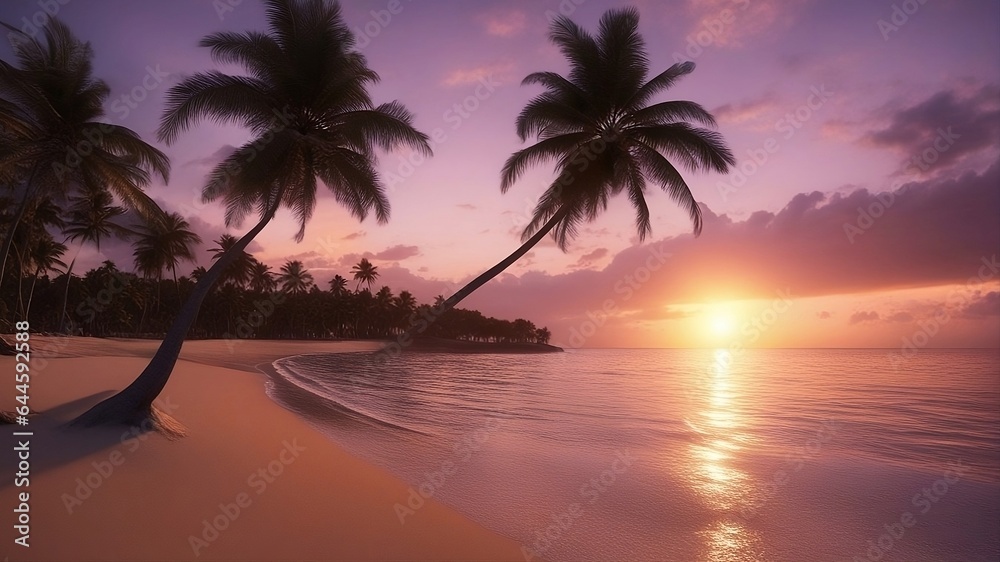 sunset over the sea, two palm trees outlined against the setting sun