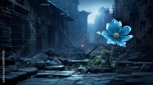 Illustration of a beautiful blue flower blooming amidst the ruins