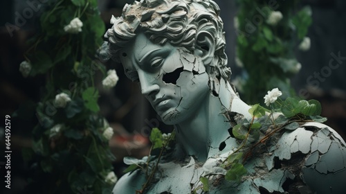Illustration of a damaged statue of a man with a broken face surrounded by plants