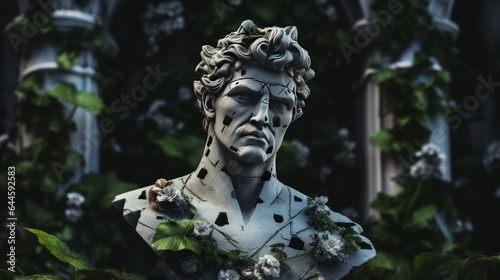 Illustration of a damaged sculpture of a man adorned with flowers and leaves