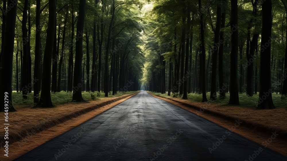 Obraz premium Illustration of an empty road surrounded by lush green trees in a serene forest setting