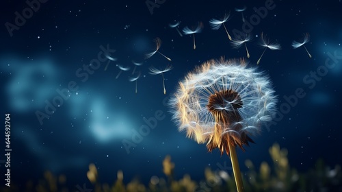 Illustration of a dandelion blowing in the wind on a night