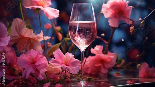 Illustration of a glass of wine with pink flowers on a table