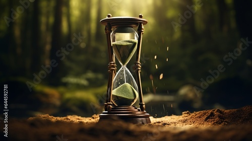 Illustration of an hourglass in a serene forest setting