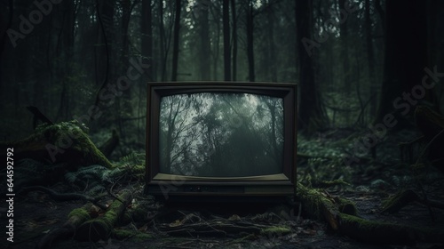 Illustration of an abandoned TV in the midst of a lush forest