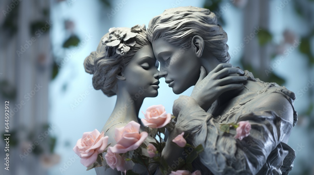 Illustration of a romantic sculpture depicting a man and woman embracing each other