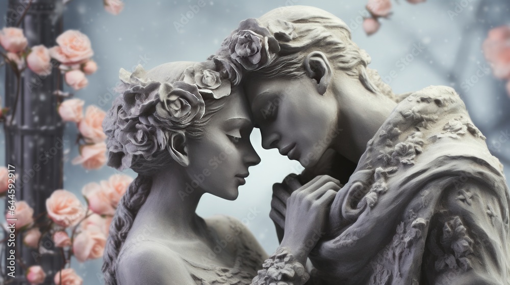 Illustration of man and woman embracing each other in a beautiful sculpture