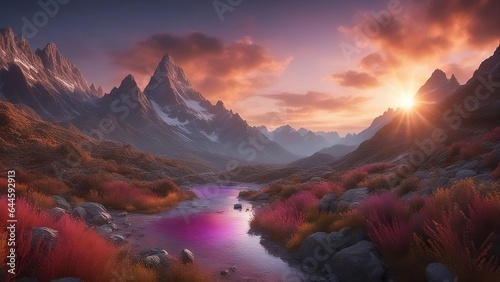 Sunset over the mountains, purple light from the sky reflecting on a lazy river