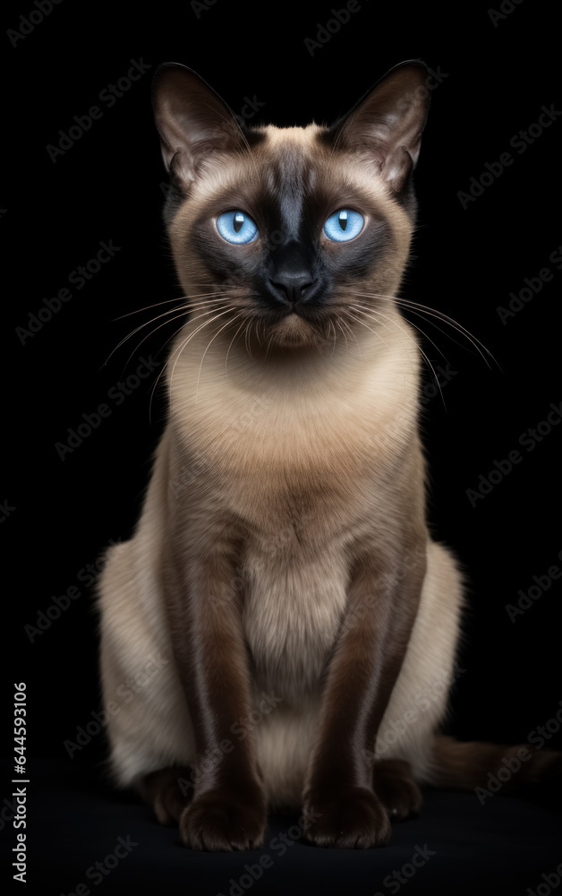 Full body front view studio portrait adorable beautiful siamese cat with magic blue eyes sitting on isolated black background. Full body front view studio portrait adorable beautiful siamese cat with magic blue eyes sitting on isolated black background.