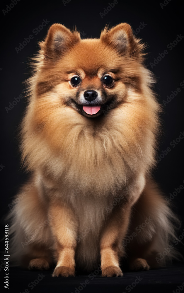 Full body front view studio portrait beautiful fluffy red german spitz sitting and looking in camera isolated on black background. 