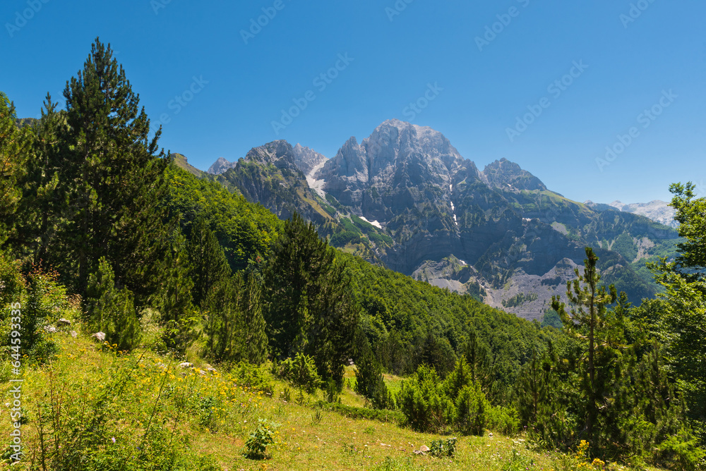 Panoramic views of raw mountain landscapes from the Albanian Alps between Theth and Valbona, Albania