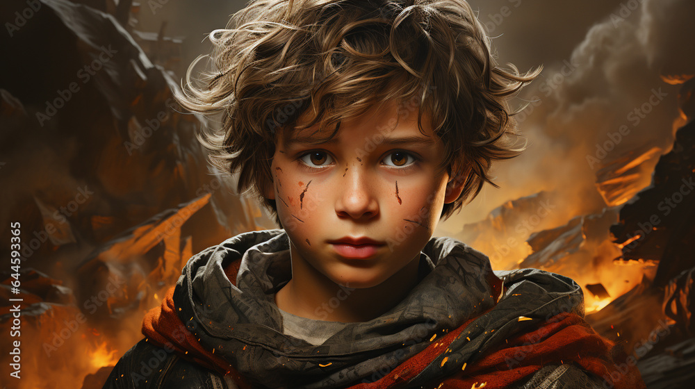 young boy with a fire flame in the background. fire and burning fire