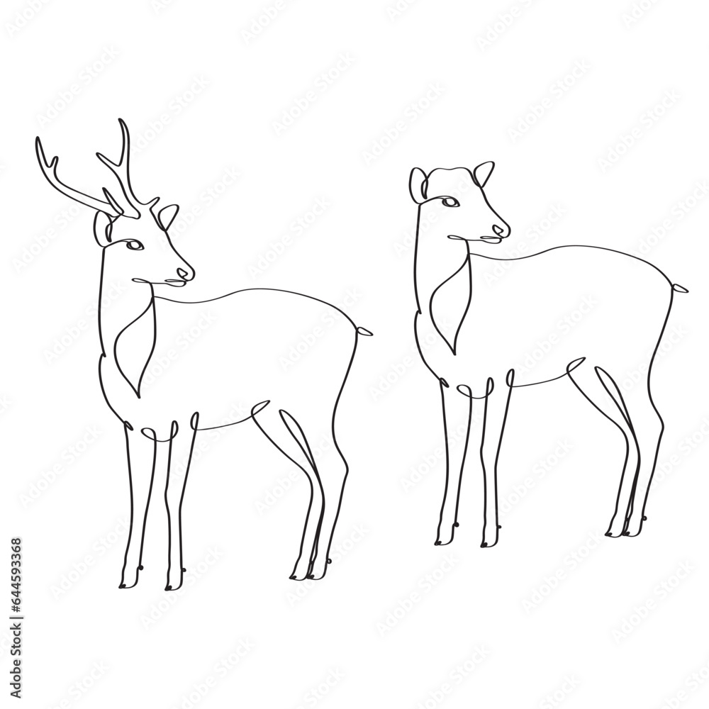 Fototapeta premium Single continuous line drawing of elegant cute male and female deer.