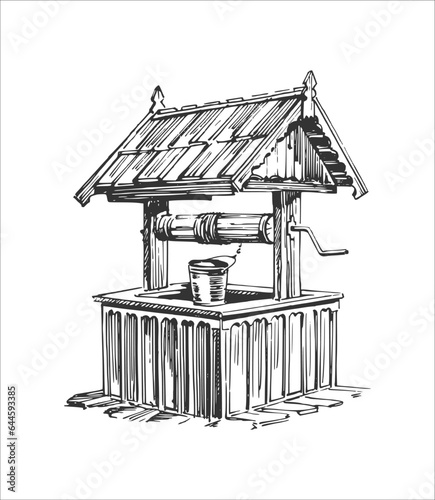 Old wooden well. Hand drawn ink vector illustration. 