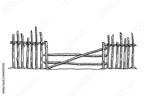 Hand drawn ink illustration of wooden fence. Sketch vector drawing.