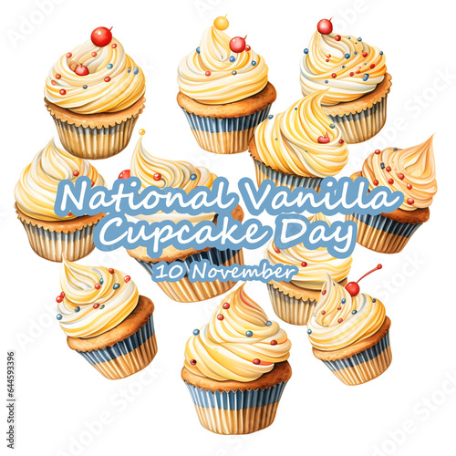 Illustration of tasty vanilla cupcakes  decorated with whipped cream. National Vanilla cupcake day.