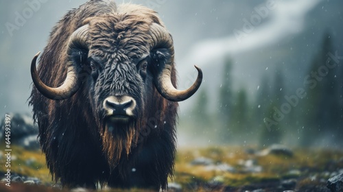 A breathtaking shot of a Musk Ox his natural habitat, showcasing his majestic beauty and strength.