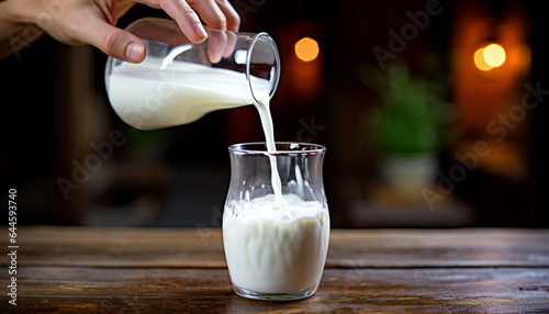 Artistic recreation of pouring milk into glass. Illustration AI photo