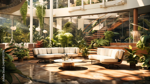 Sunlit atriums with glossy white tiles and wooden planters,