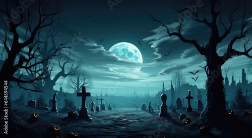 Halloween background with scary pumpkins candles in the graveyard at night with a castle background