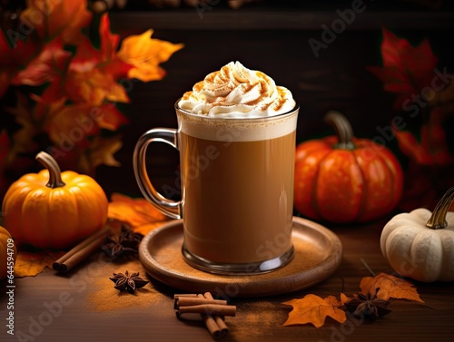 Still life of Delicious pumpkin spice latte cappuccino coffee with whipped cream and caramel in mug.