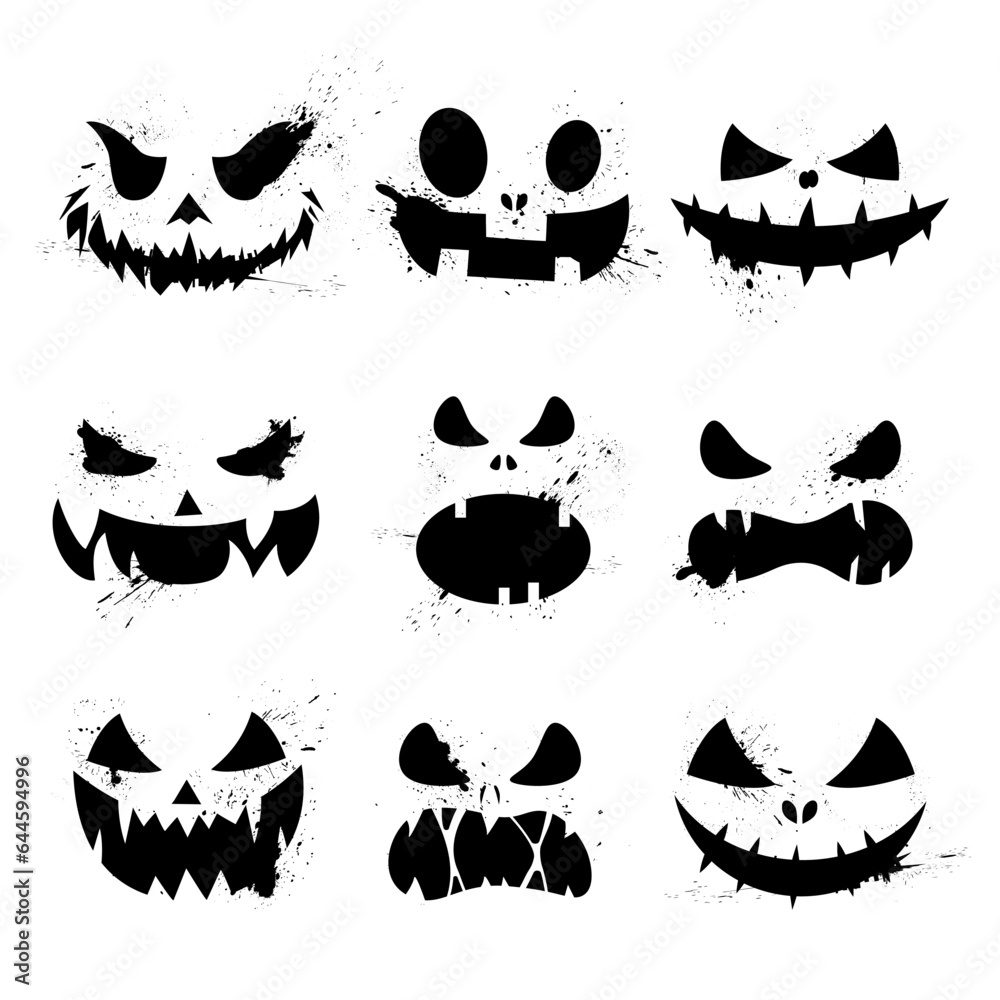 Halloween face icons set. Creepy pumpkin smile on white background. Design for Halloween holiday. Black scary, funny and horror faces of Halloween pumpkin or ghost.