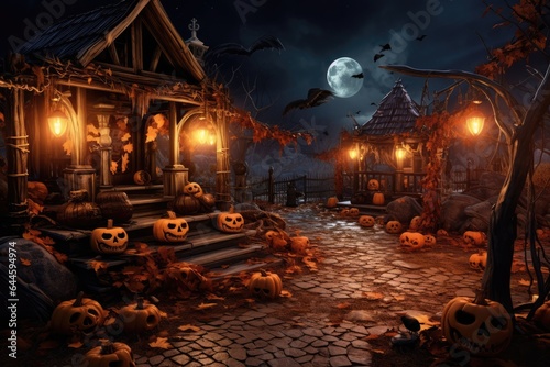 Halloween decorated house with pumpkins, 3d rendering.