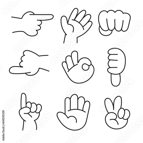 Hands poses. Female hand holding and pointing gestures, fingers crossed, fist, peace and thumb up. Cartoon human palms and wrist vector set. Communication or talking with emoji for messengers